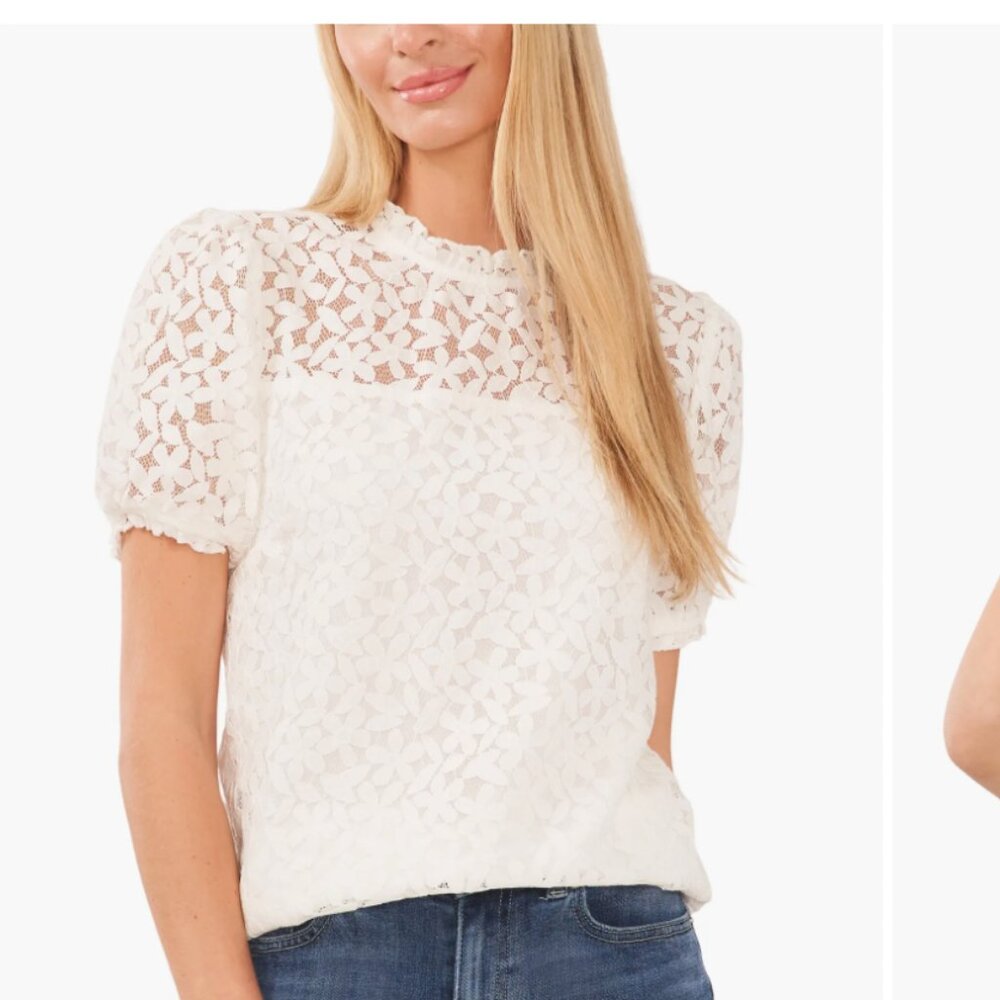 CeCe Puff Sleeve White Floral Lace Blouse Sz M.